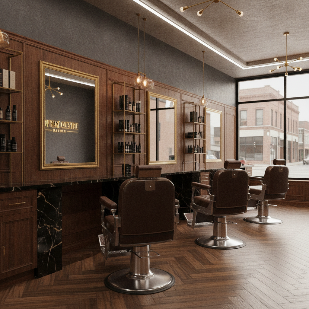 Interior of a modern, luxurious barbershop with gold accents, dark wood, and premium leather chairs