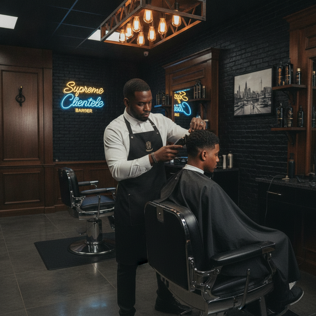 Master barber performing a precision fade haircut in a premium dark-themed barbershop