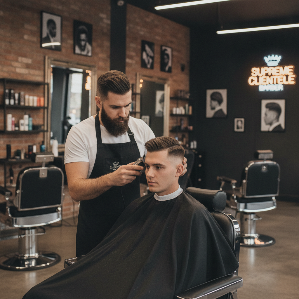 Barber creating a sharp, clean skin fade haircut on a client in a stylish barbershop.