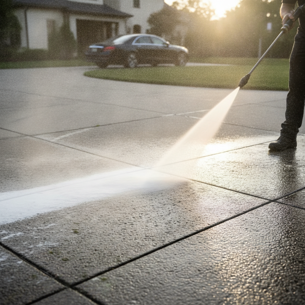 Professional power washing driveway with high pressure spray