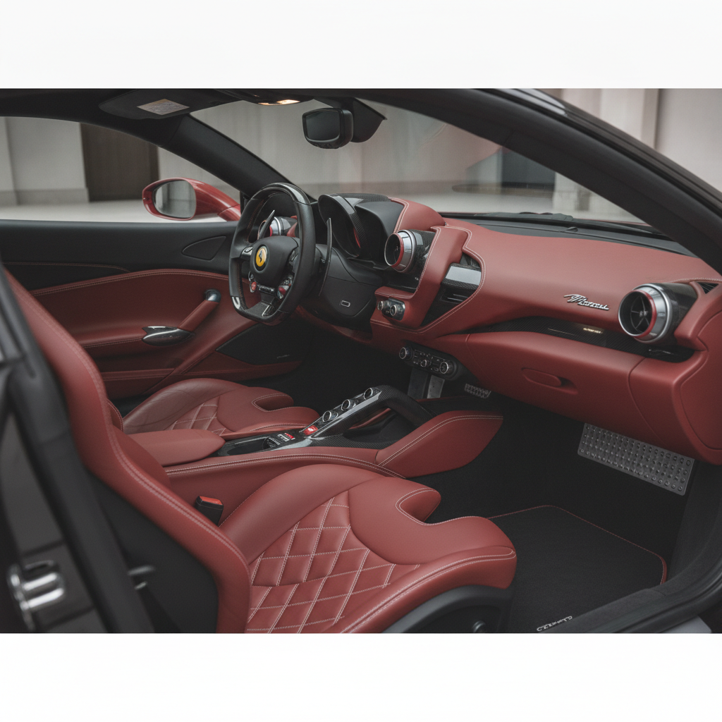 Meticulously detailed Ferrari sports car interior with diamond stitched leather seats and polished carbon fiber trim