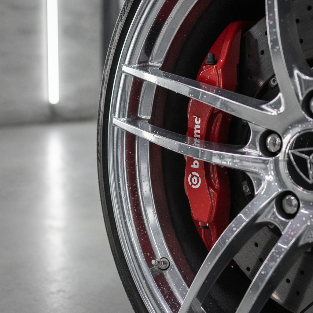 Close-up macro shot of a perfectly polished chrome alloy wheel rim after iron decontamination with painted brake caliper