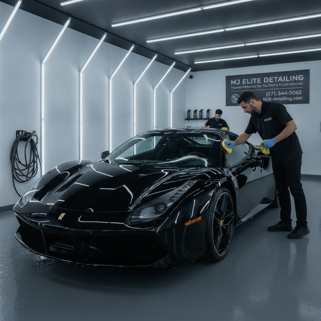 Glossy black luxury sports car receiving a premium ceramic coating and auto detail