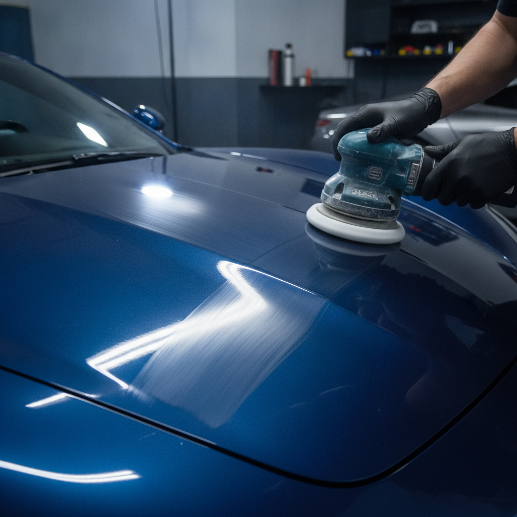 Machine polisher correcting swirl marks on car paint