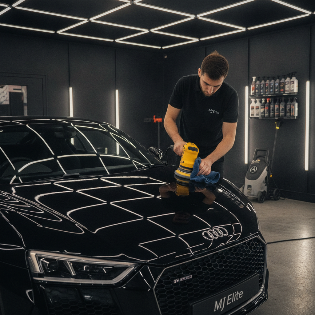 Professional MJ Elite detailer hand polishing a glossy black luxury car with premium microfiber pad and dual-action polisher under studio lighting
