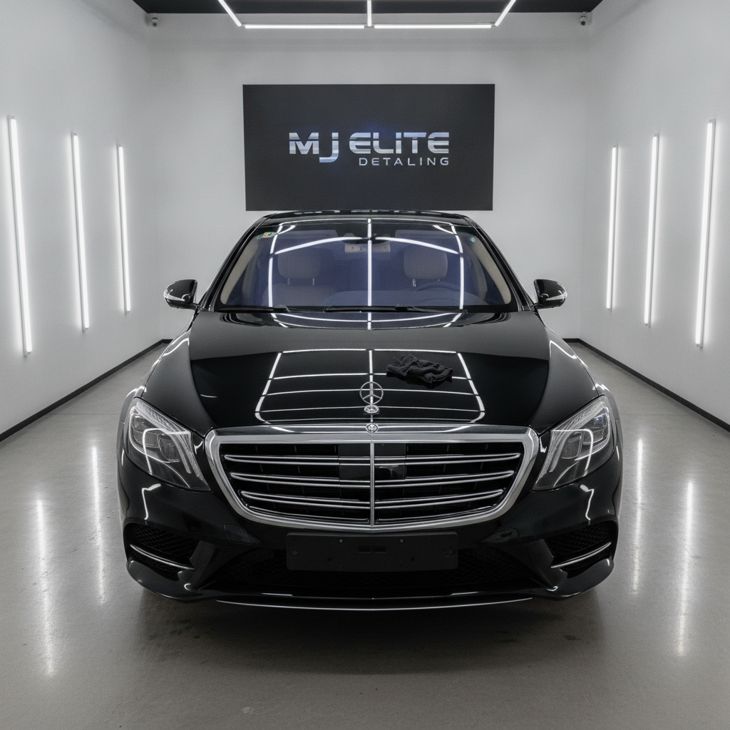 Mirror finish black Mercedes S-Class luxury sedan after professional ceramic coating showing deep wet gloss and flawless paint reflection