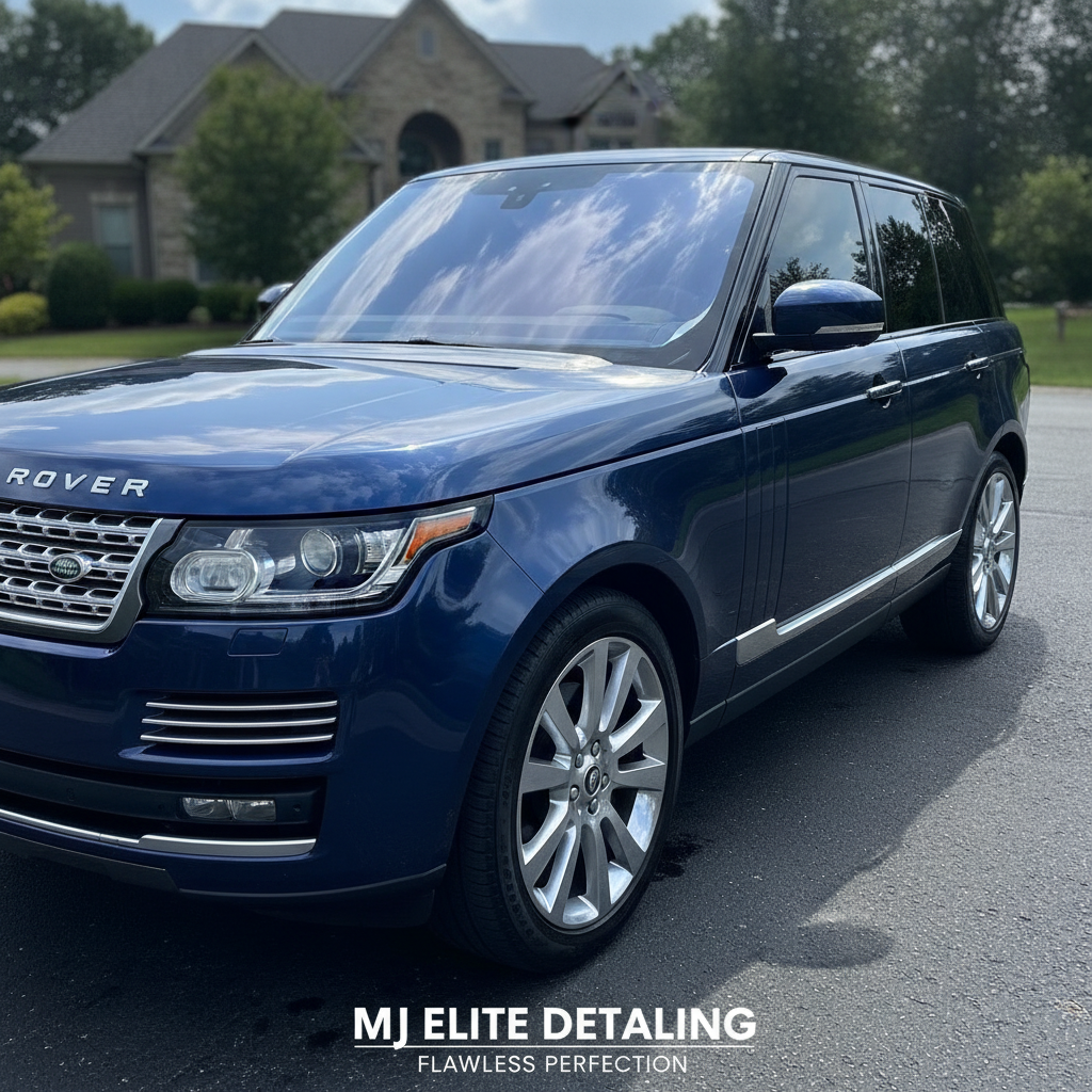 Deep metallic blue Range Rover SUV with mirror-like paint reflection of sky after two-stage paint correction and polish