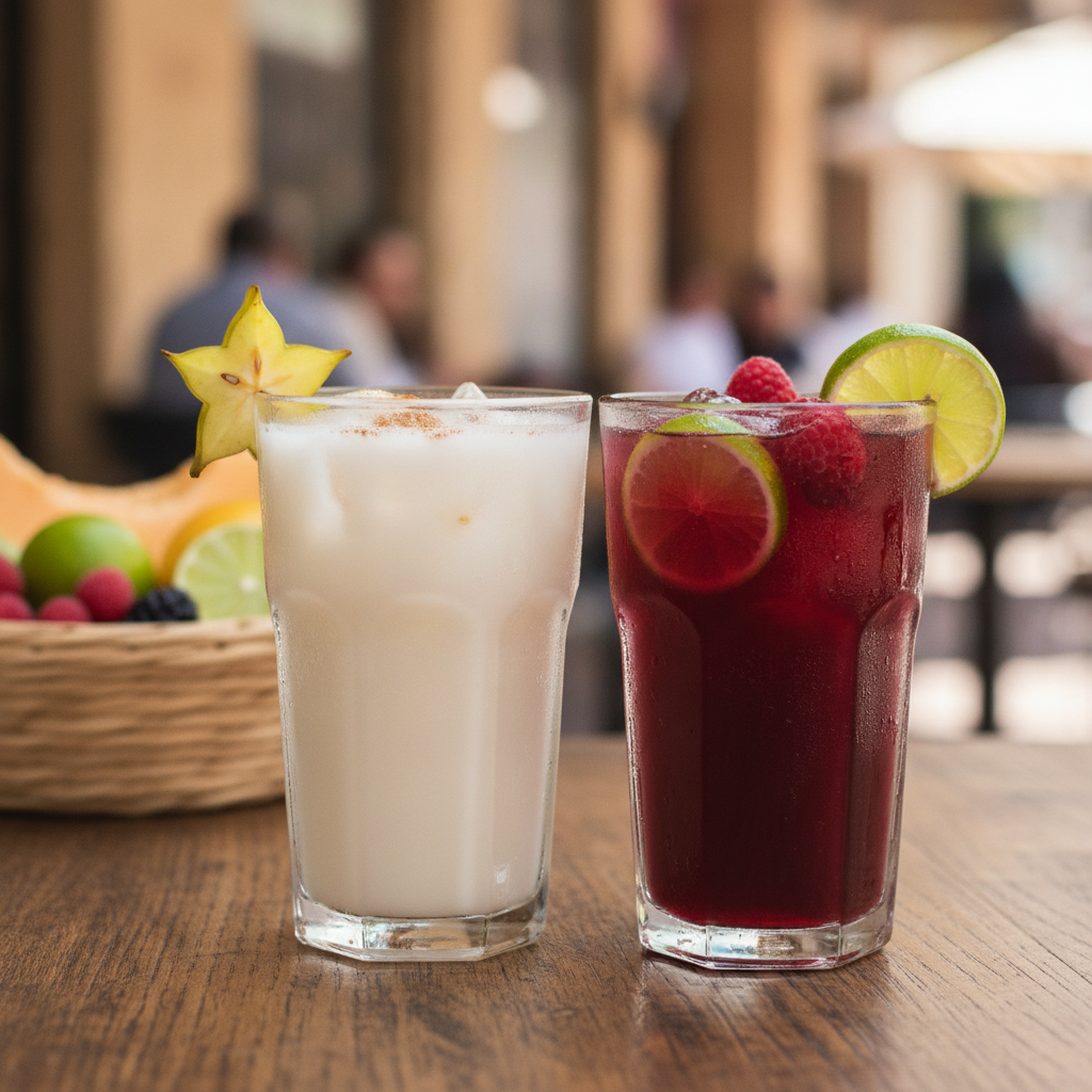 Two tall glasses of colorful aguas frescas, one creamy white Horchata and one deep red Jamaica, garnished with fruit