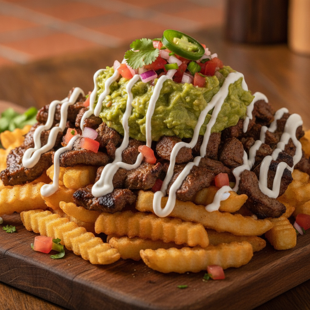 A generous portion of loaded carne asada fries topped with fresh guacamole, sour cream, and pico de gallo