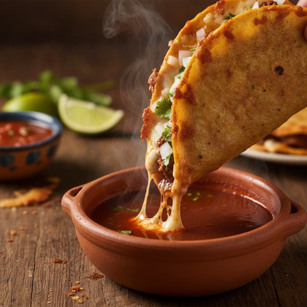 Close-up of a cheesy, crispy quesabirria being dipped into a steaming bowl of rich red consome