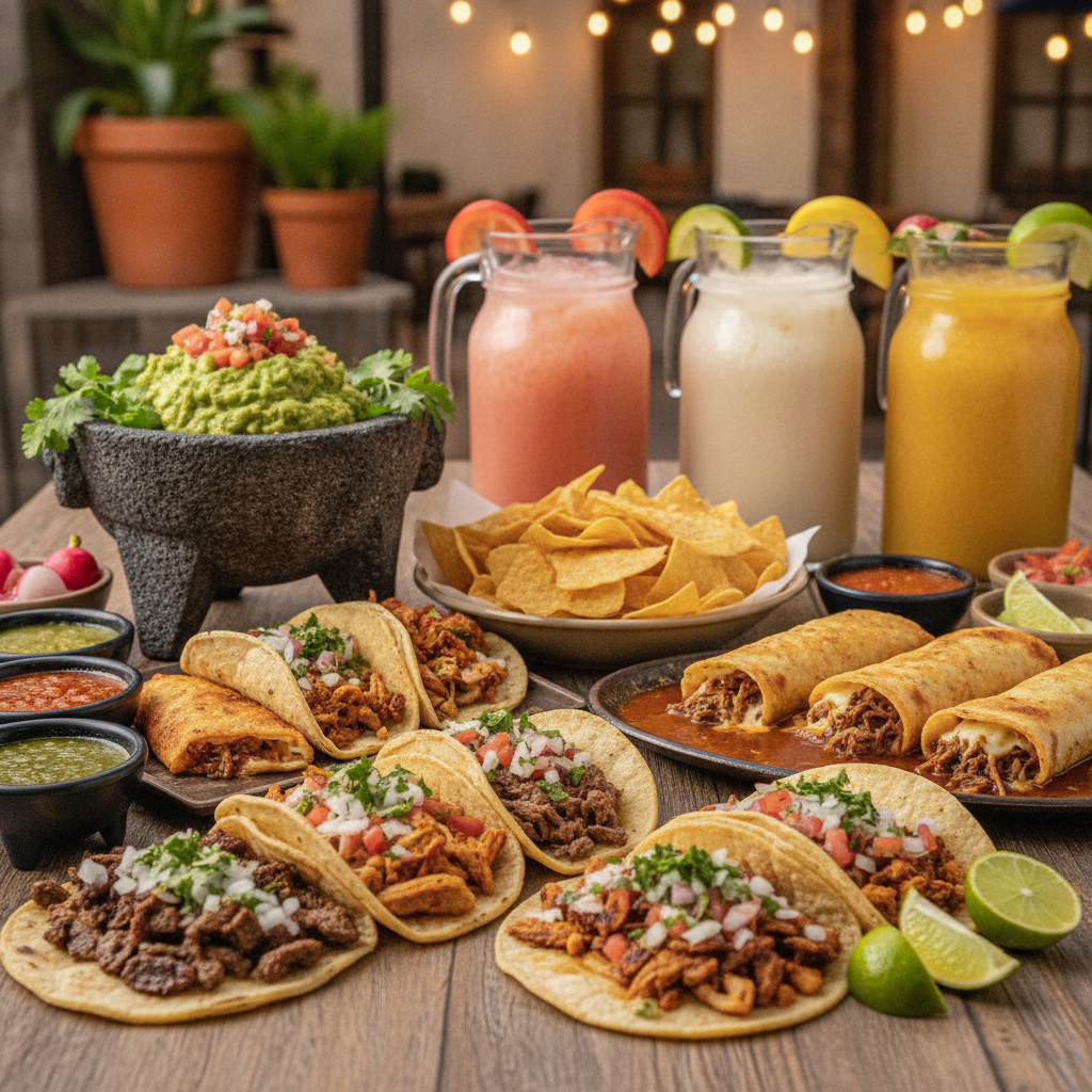Mouth-watering authentic Mexican food spread featuring fresh street tacos, cheesy quesabirrias, guacamole, and ice-cold Aguas Frescas
