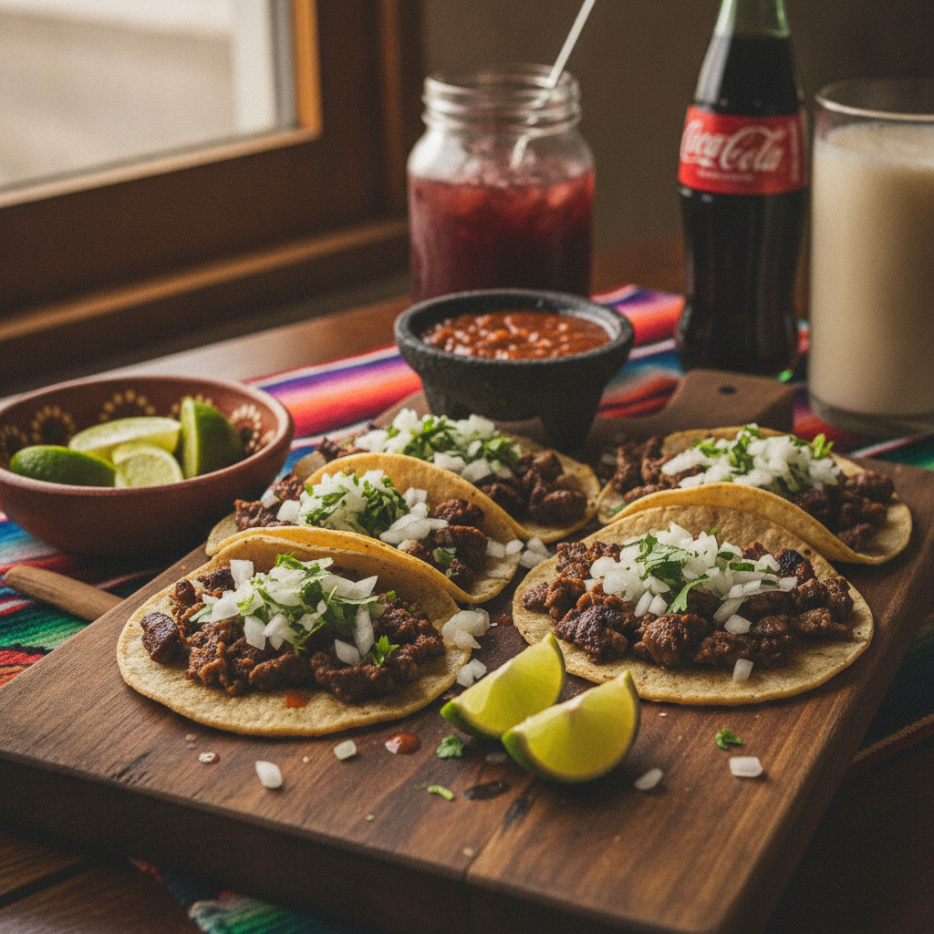 Authentic street tacos with cilantro, onion, and lime on a rustic wooden board