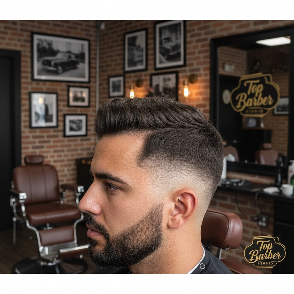 Close up profile view of a fresh skin fade haircut with sharp styling at Top Barber Studio