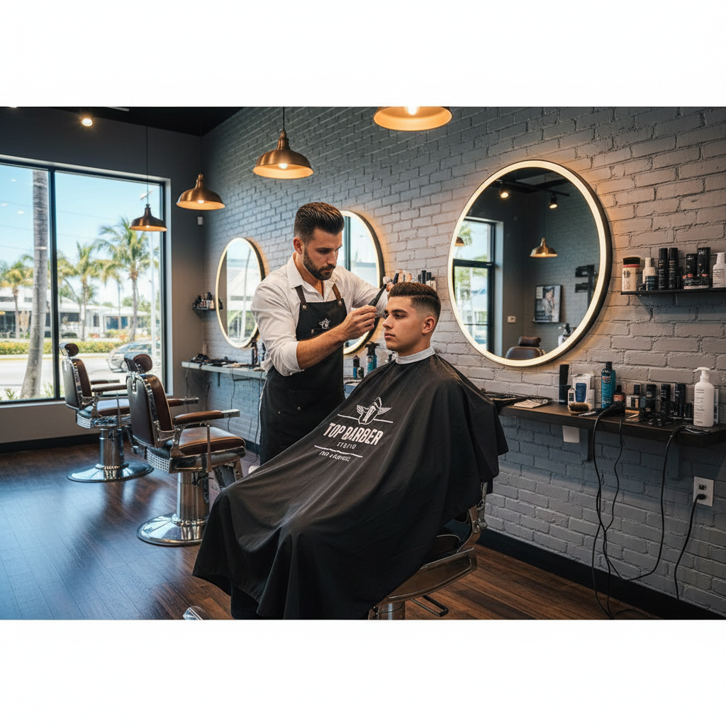 Master barber giving a crisp fade haircut in a modern Fort Lauderdale barbershop