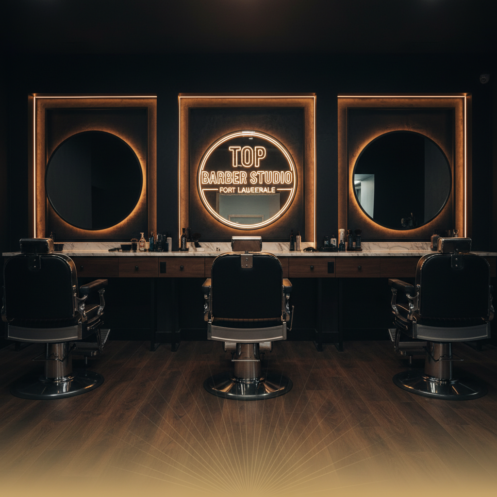 Interior view of Top Barber Studio featuring upscale leather barber chairs and modern dark aesthetics