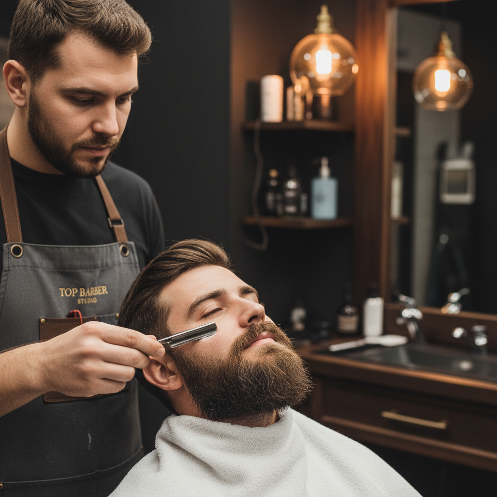Detailed view of a professional hot towel shave and sharp beard lineup
