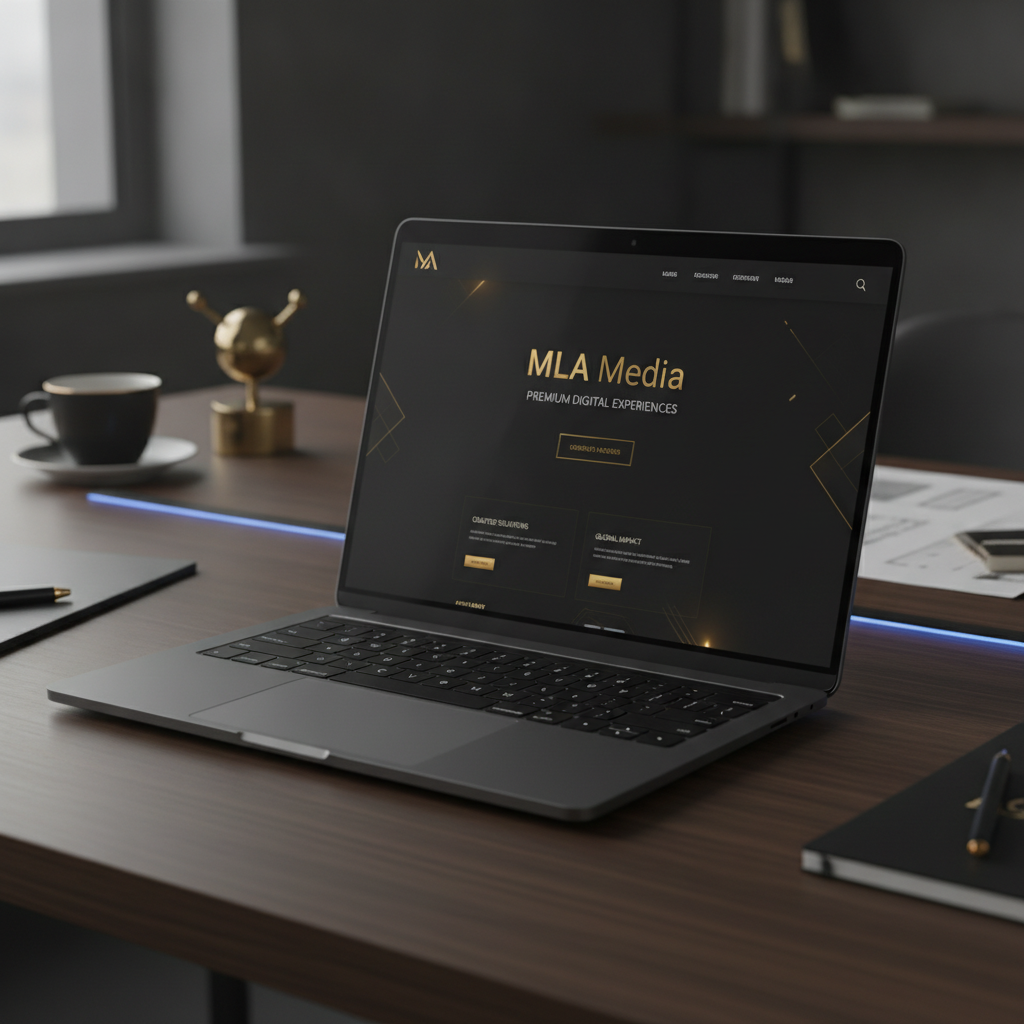 Elegant dark-themed premium website design displayed on a modern laptop screen with gold accent details in a sophisticated agency workspace