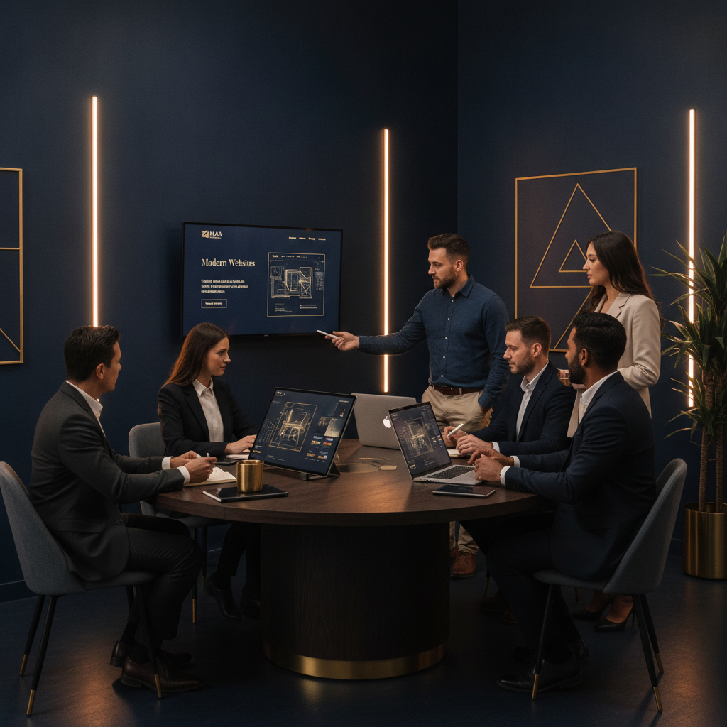 Premium web design agency team collaborating in a modern minimalist studio with dark navy interiors and gold accent lighting