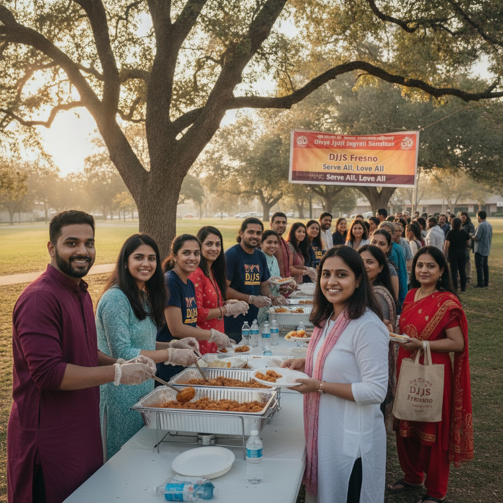 Community members performing seva distributing food to those in need