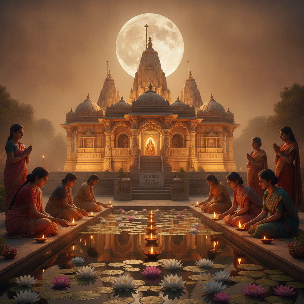 Sacred Guru Purnima full moon over serene temple with lotus flowers and devotees offering lamps in golden light