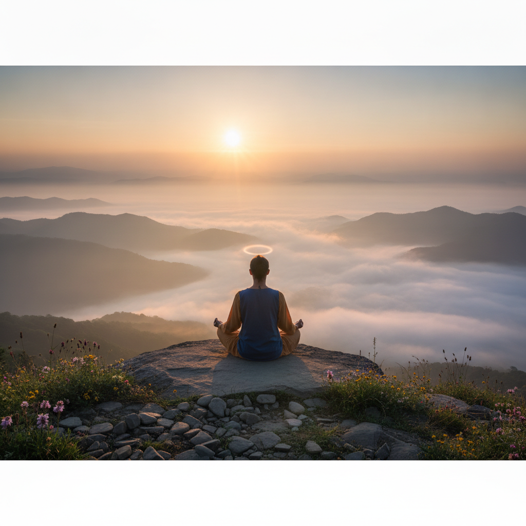 Serene sunrise meditation scene with a devotee seated in lotus pose overlooking misty mountains bathed in golden dawn light, symbolizing spiritual awakening
