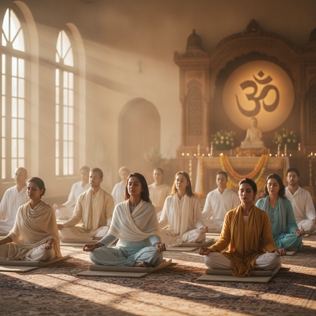 Devotees meditating together at dawn in peaceful ashram hall with soft golden light