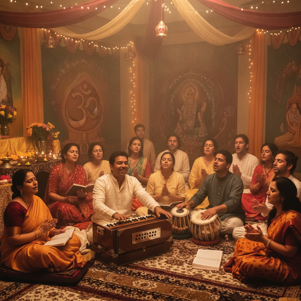 Devotional kirtan gathering with harmonium and devotees singing bhajans in Fresno temple