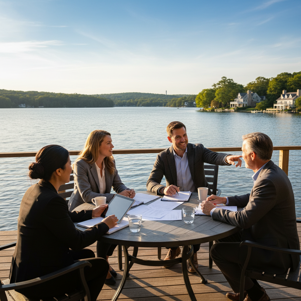 Diverse group discussing retirement strategies by a lake