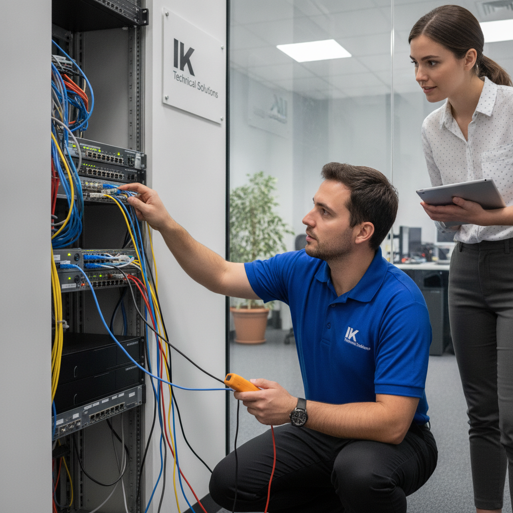 Professional IT technician from IK Technical Solutions troubleshooting a computer network for a small business client
