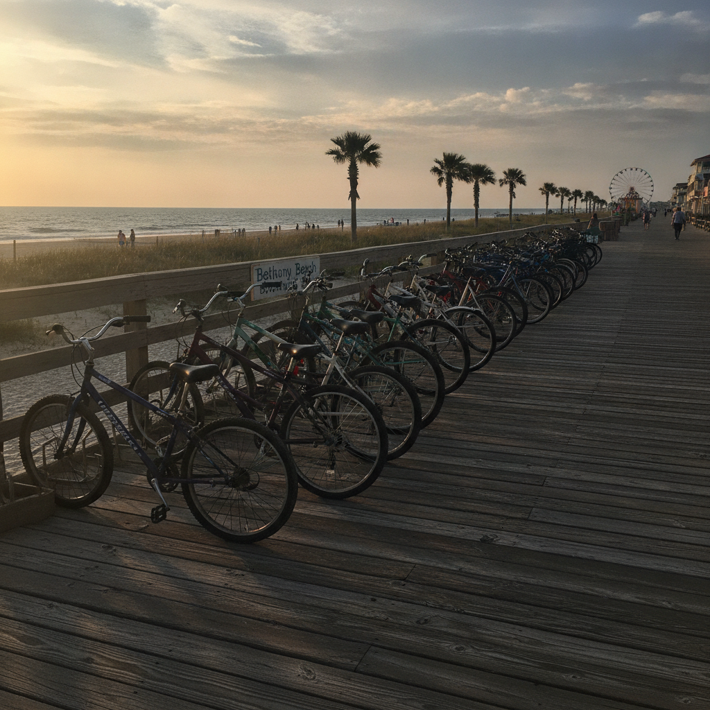 Bicycles parked near the Bethany Beach boardwalk