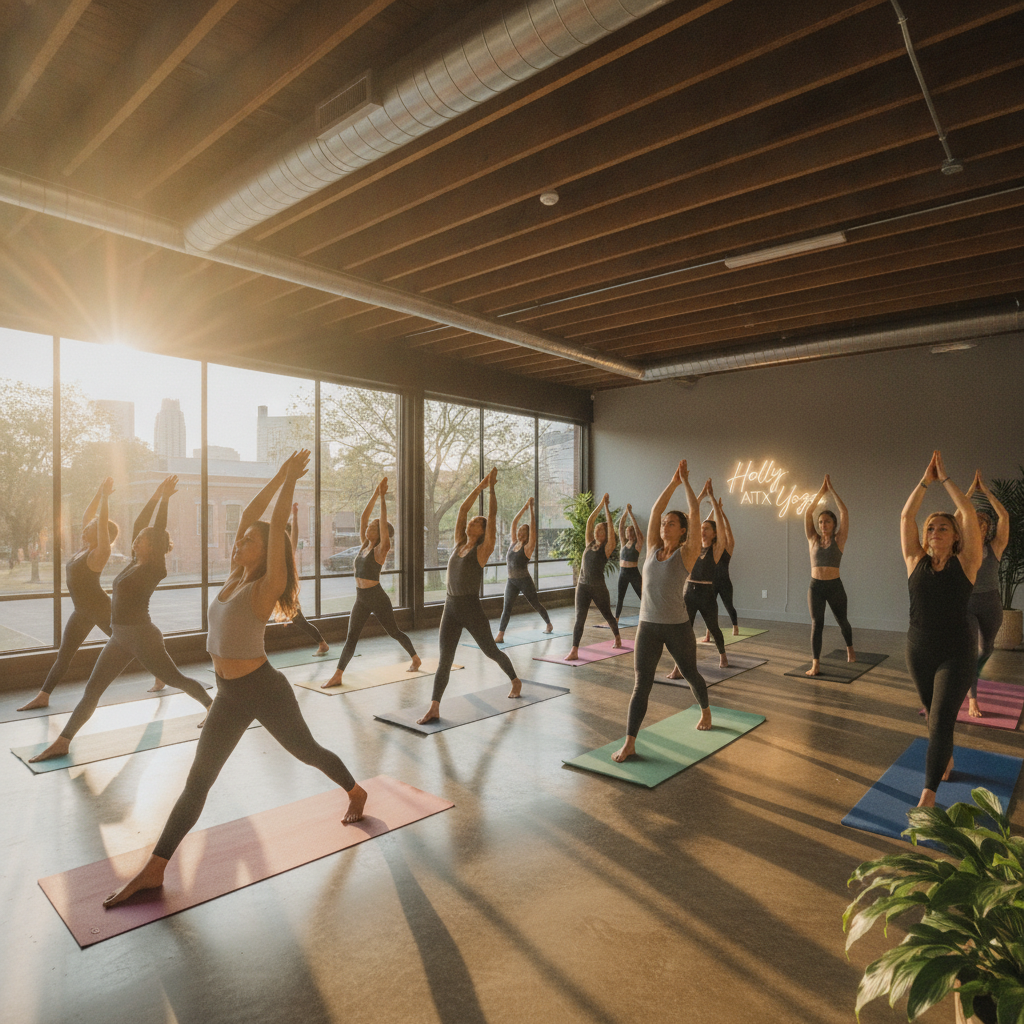 Group of people practicing morning yoga in a bright, modern Austin studio
