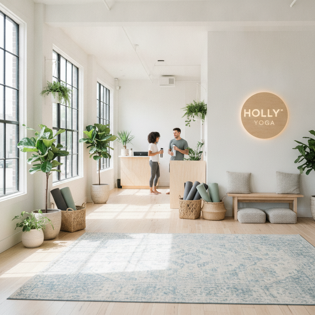 The bright, welcoming interior of the Holly ATX Yoga studio in East Austin