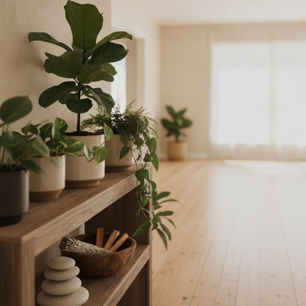 A close-up of the natural, mindful decor details within the studio, such as plants and wood textures
