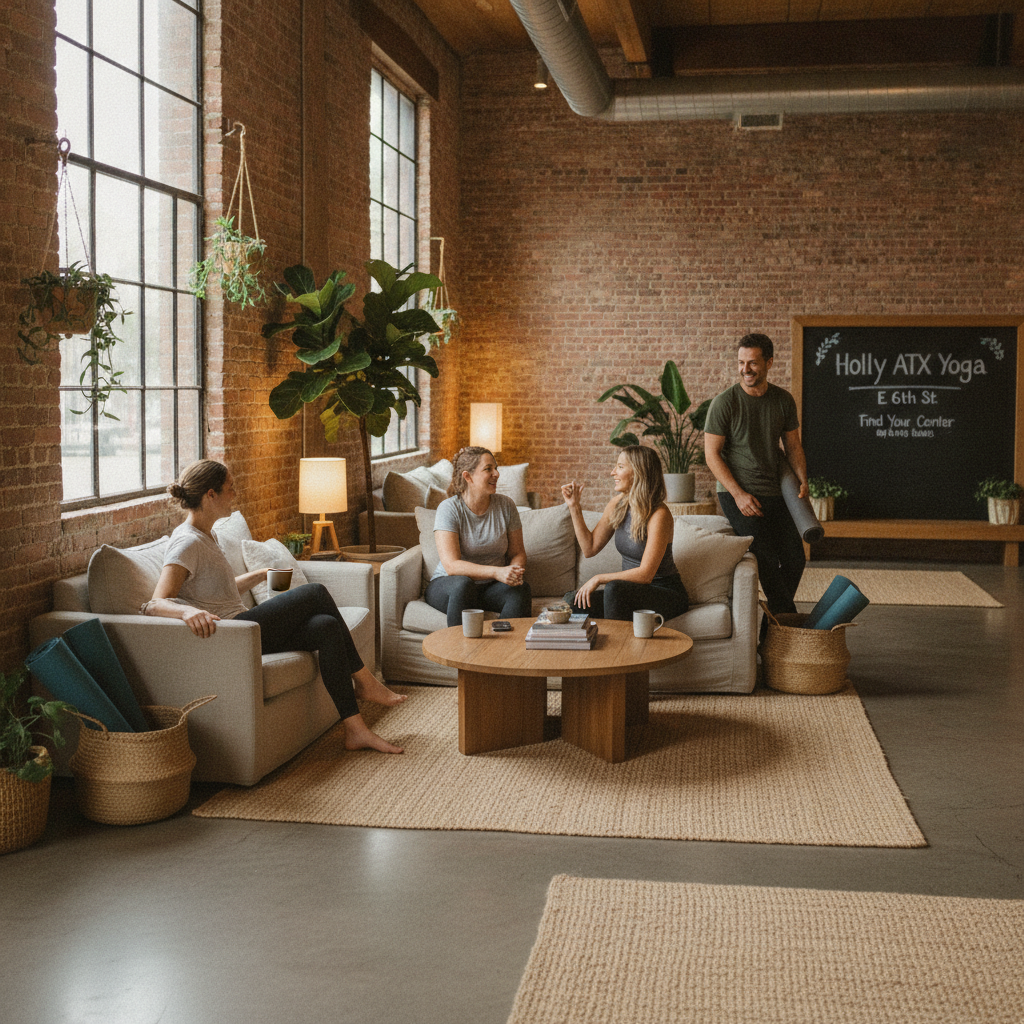 Yoga students relaxing and chatting in the comfortable community lounge area before a class