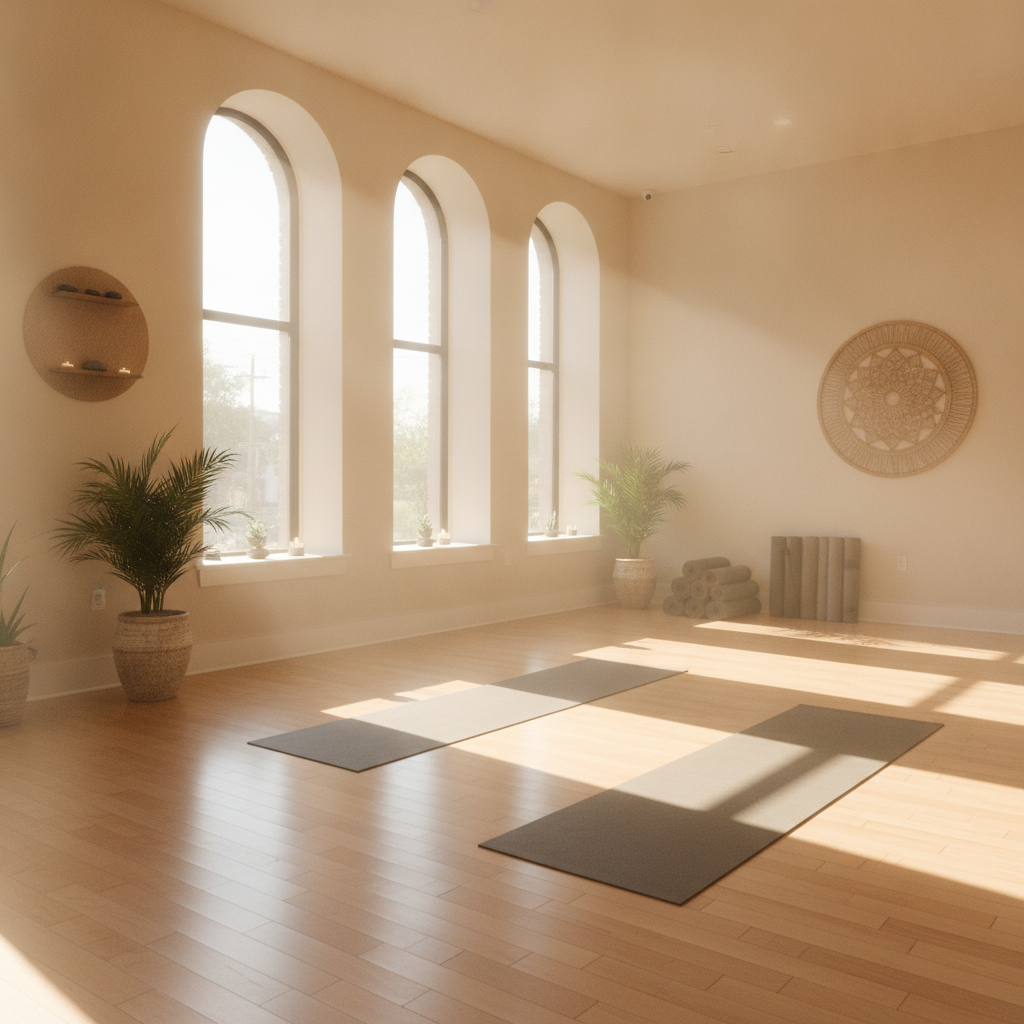Sunlight streaming into the main practice area at Holly ATX Yoga, illuminating the calm space