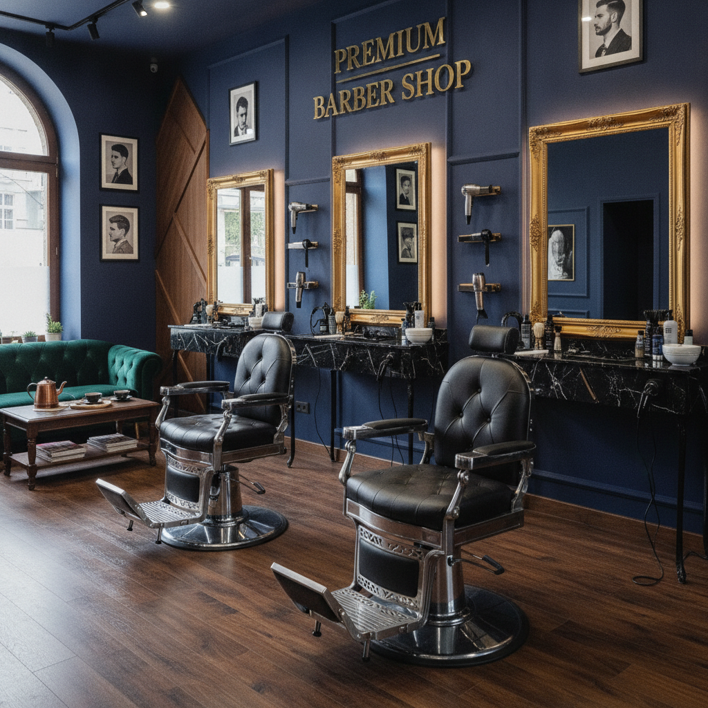 Interiér Holičství Kadeřnictví s luxusními vintage holičskými křesly a moderním vybavením