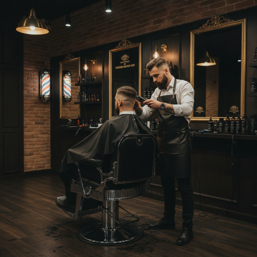 Profesionální mistr barber provádějící precizní fade střih v prémiovém tmavém barbershopu