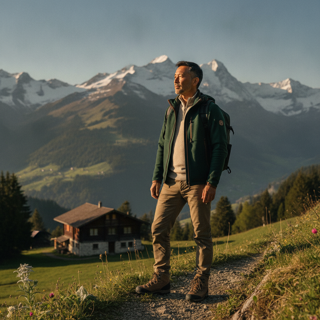 Portrait of international entrepreneur on Swiss alpine leadership hiking retreat wearing outdoor attire