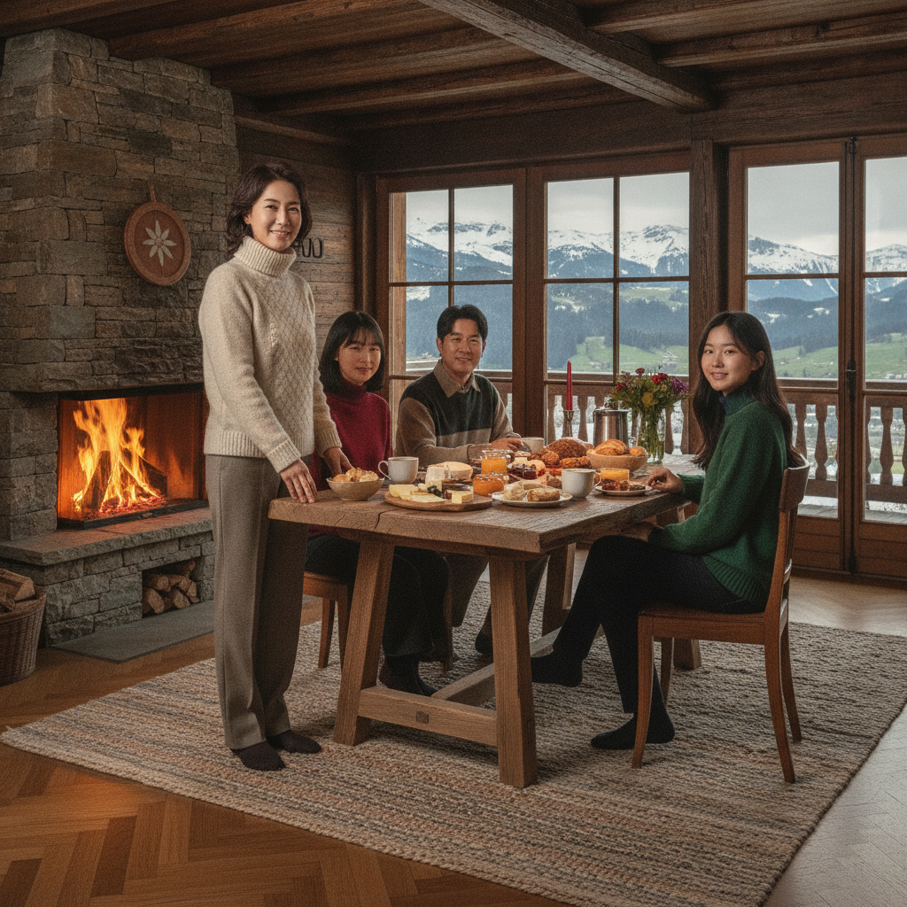 Portrait of elegant Korean family traveler enjoying Appenzell chalet hospitality