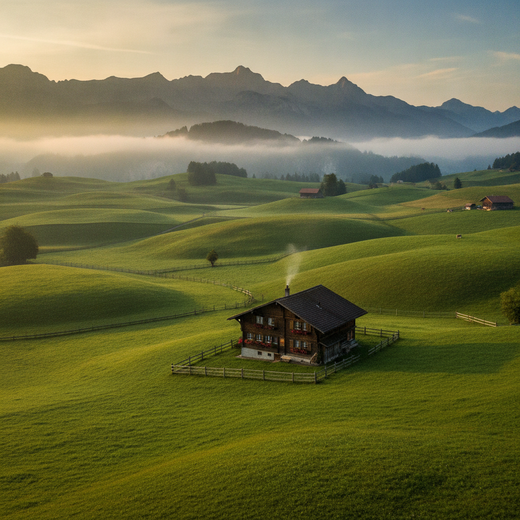 Panoramic Appenzell Switzerland landscape with rolling emerald green hills, traditional wooden Swiss chalet nestled among alpine meadows, misty mountain peaks, serene morning light, editorial photography style