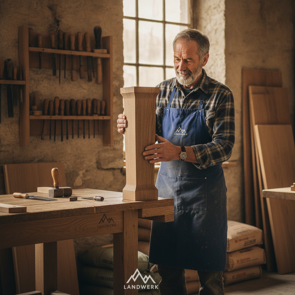 Portrait of distinguished Swiss master craftsman in Landwerk solid wood refining atelier
