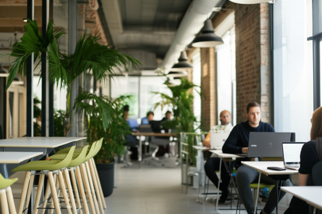 Suspended linear lighting in a large lobby