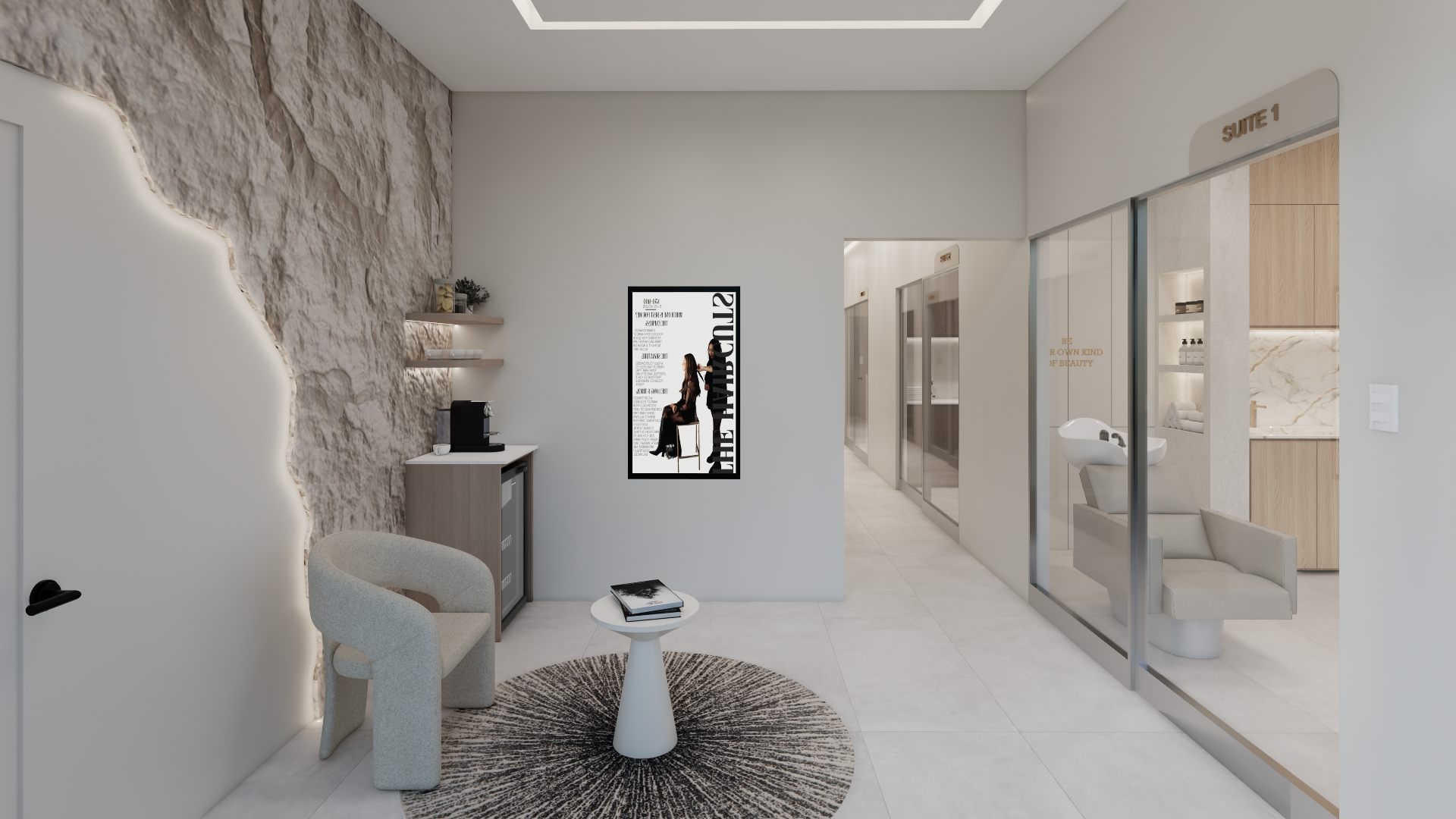 Luxurious, high-end salon suite interior featuring a modern styling chair, elegant mirror, and premium finishes bathed in natural light