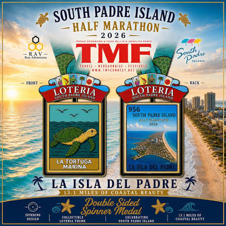 Runners crossing the finish line at the South Padre Island Marathon with the ocean in the background
