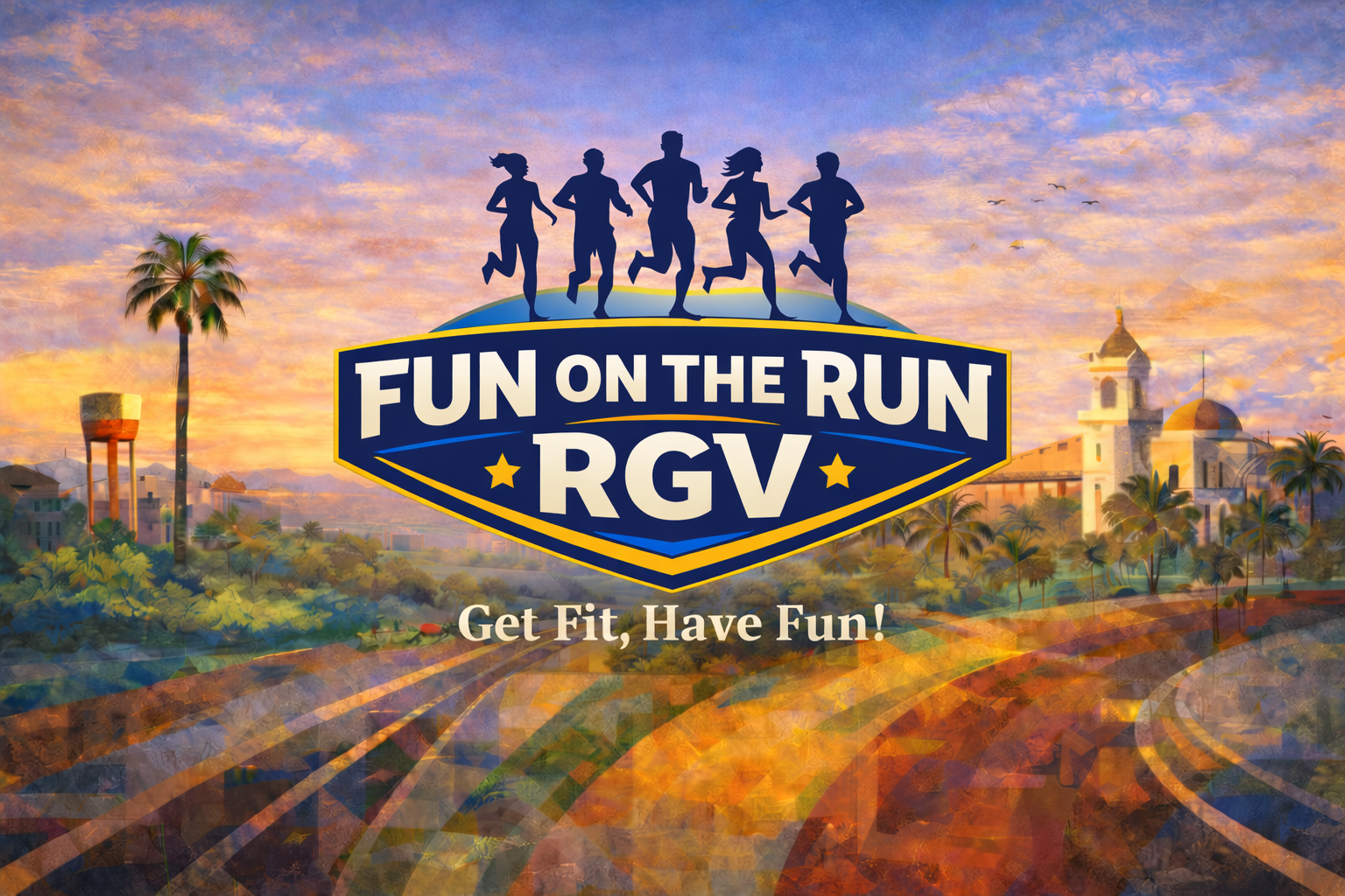 Large group of marathon runners racing along a palm-tree lined scenic route at sunrise in the Rio Grande Valley, South Texas