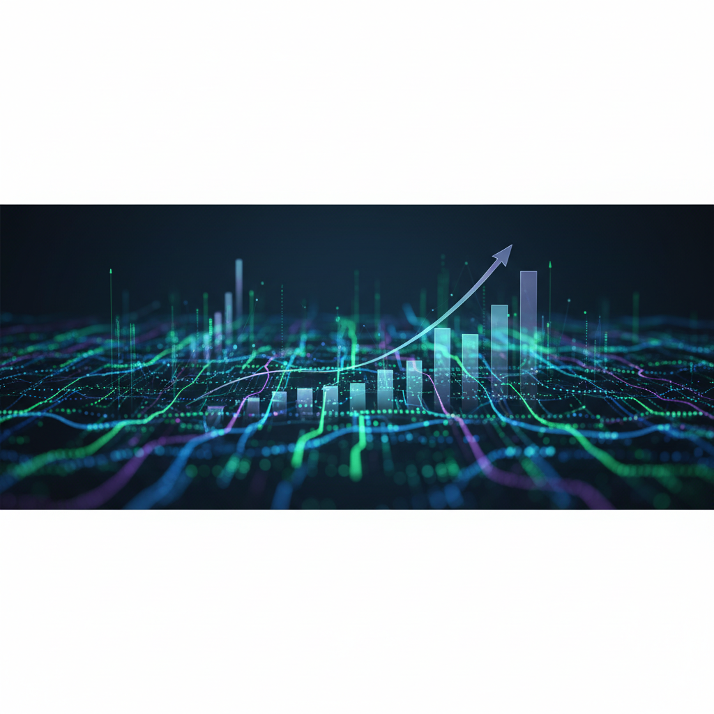 Faint background pattern of abstract, glowing data streams and charts symbolizing business growth.