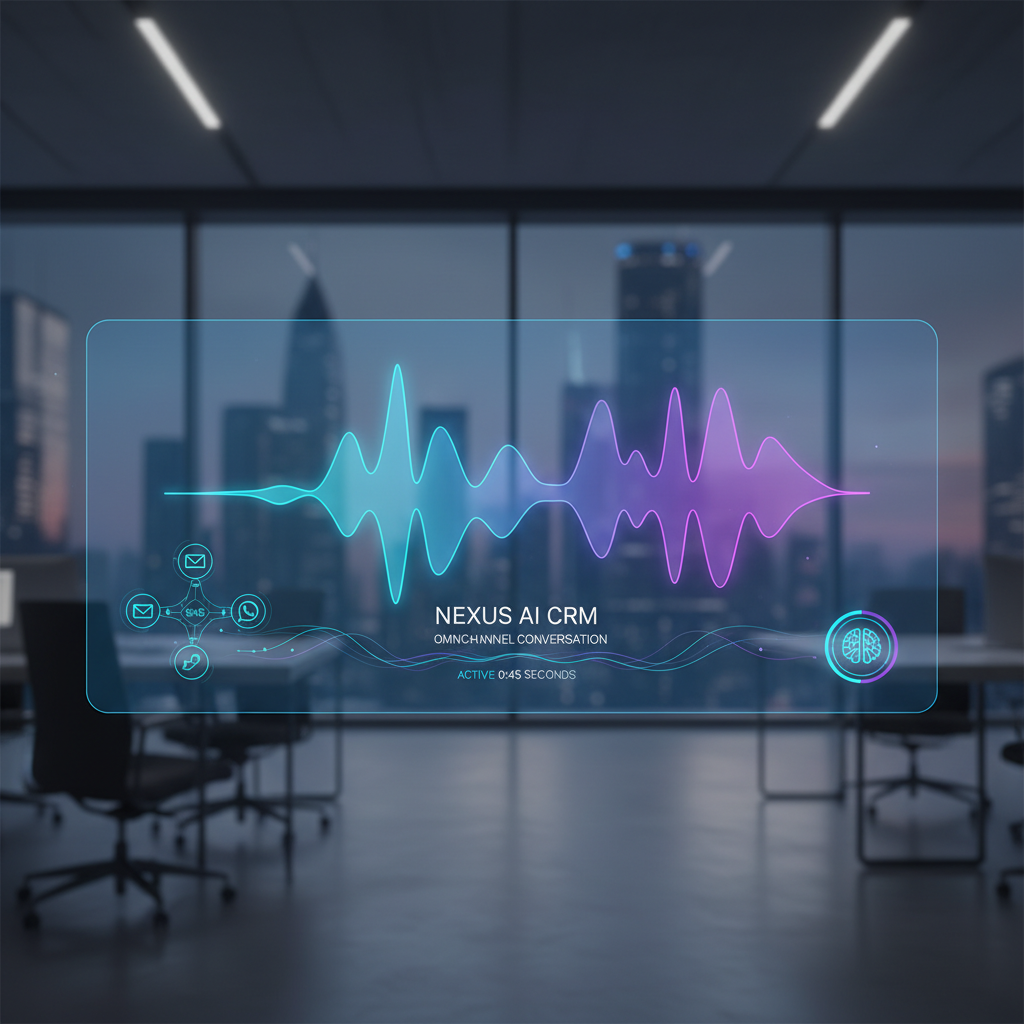A sleek holographic interface displaying a vibrant cyan and purple sound wave, representing an AI voice agent actively engaged in a conversation.