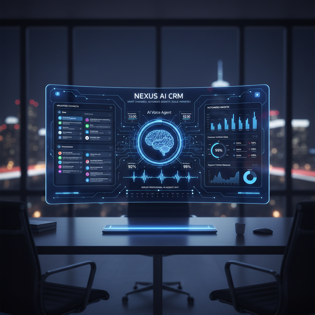 Futuristic Nexus AI CRM dashboard showing real-time omnichannel communications and AI voice agent analytics