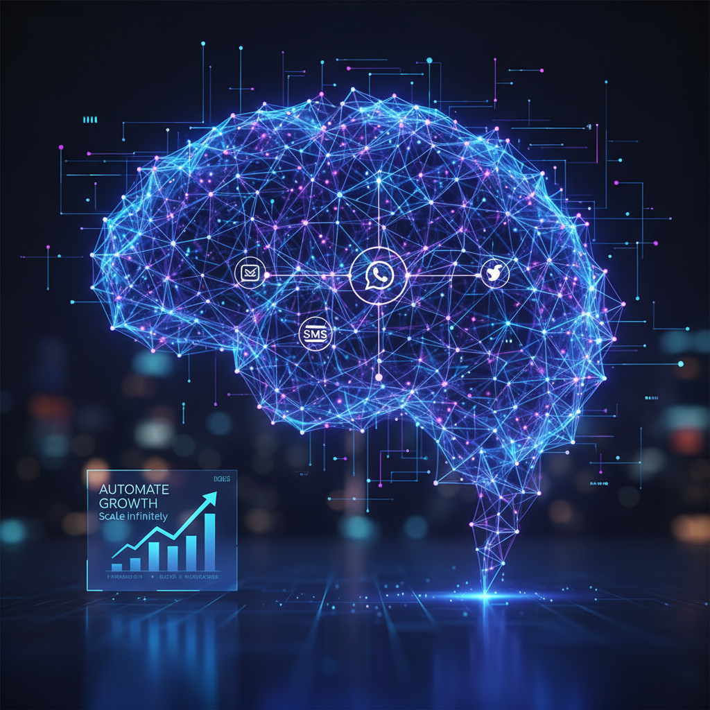 Abstract visualization of a glowing blue and purple neural network representing AI CRM intelligence