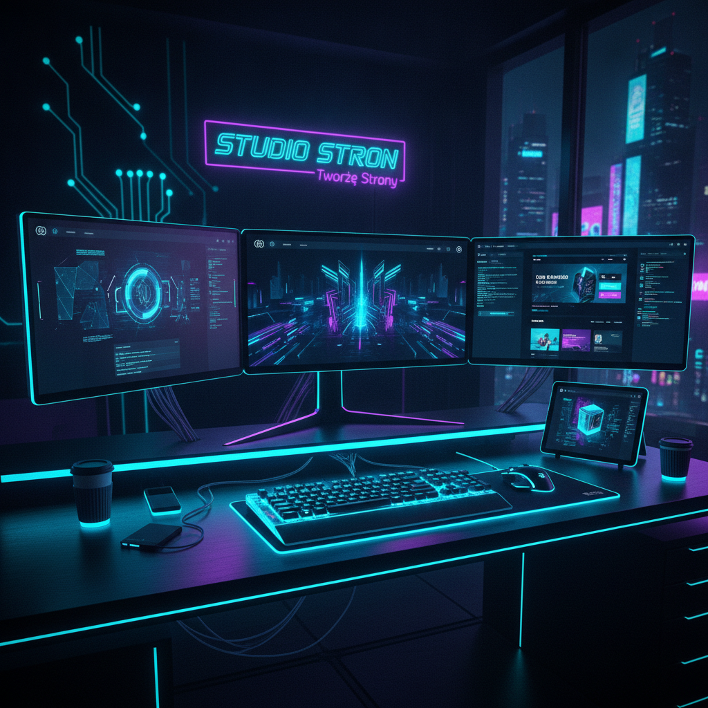 Cyberpunk workspace with neon cyan and purple glowing monitors displaying futuristic web designs
